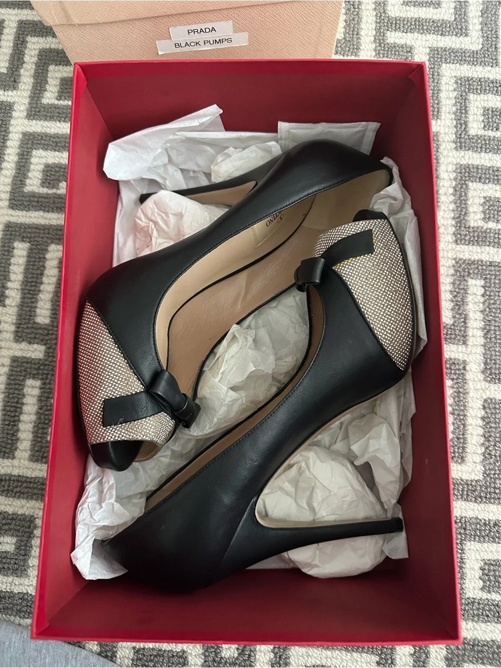 Valentino Black Leather Peep-Toe Heels with Crystal Toe Caps and Bow